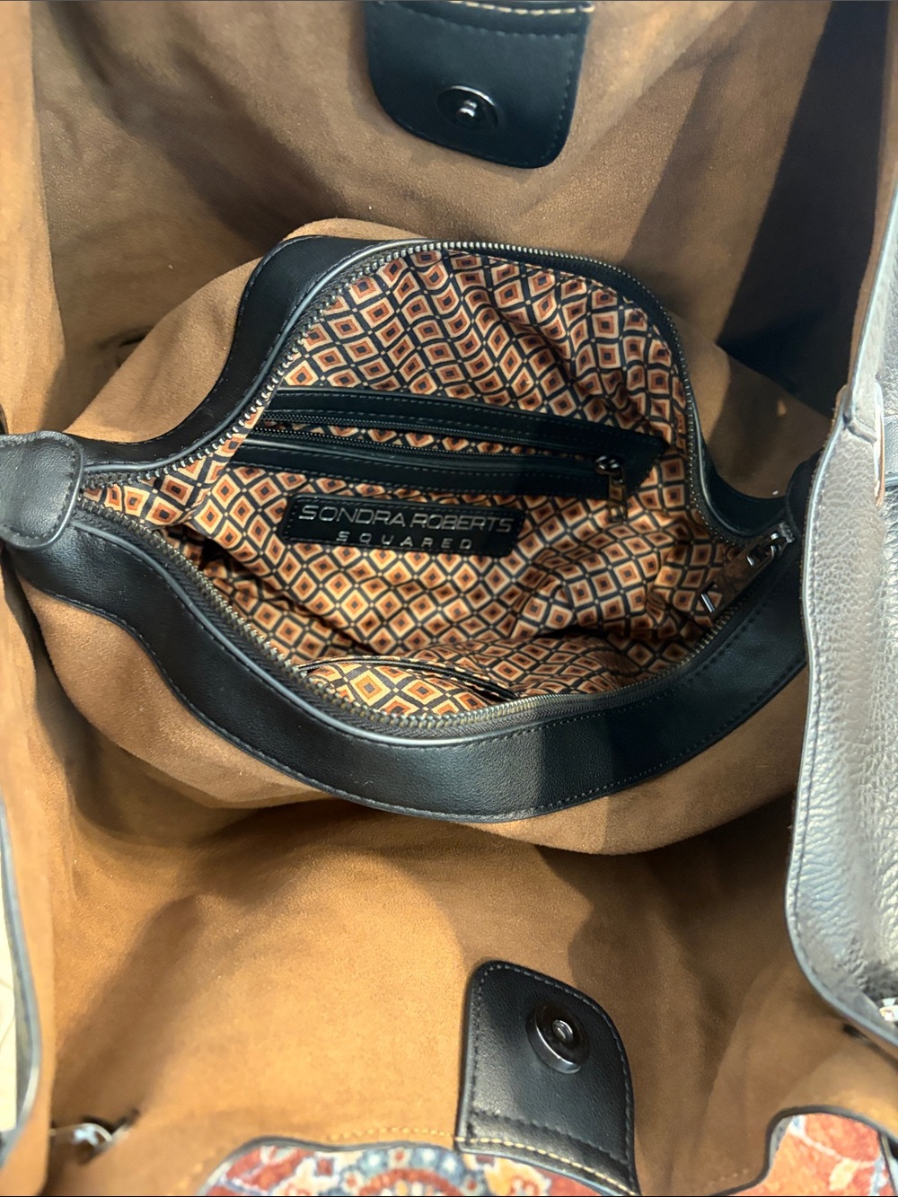 Sondra Roberts Black faux leather Tote with Black Trim and Patterned Lining - Picture 2 of 3